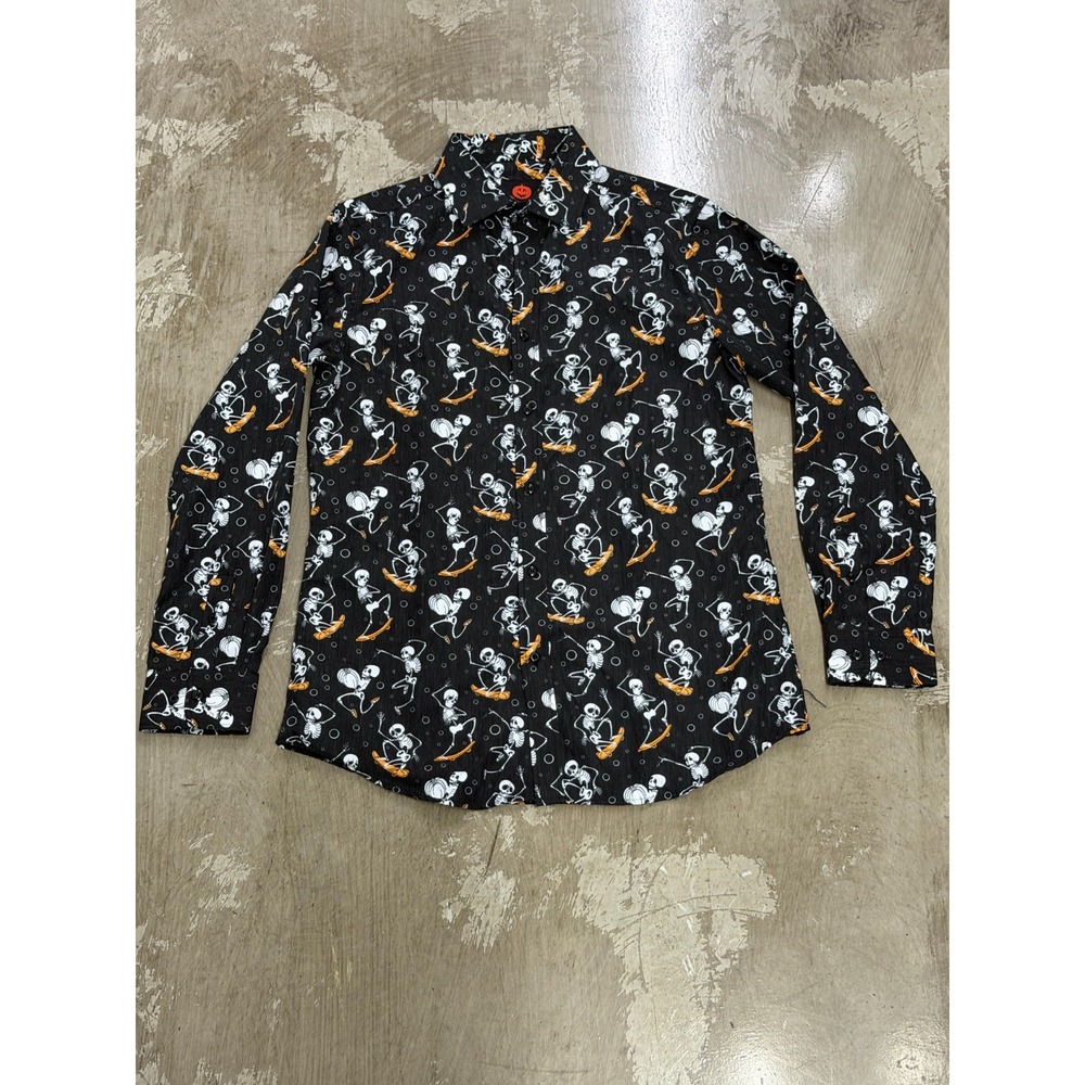 Simon Banks Halloween Skeleton Pumpkin Button Up Shirt Mens M Black Orange 0088